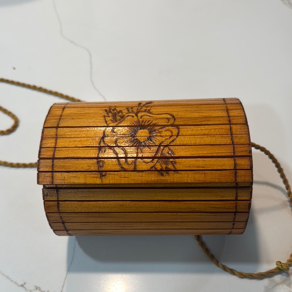 Wooden Floral Engraved Cylinder Purse